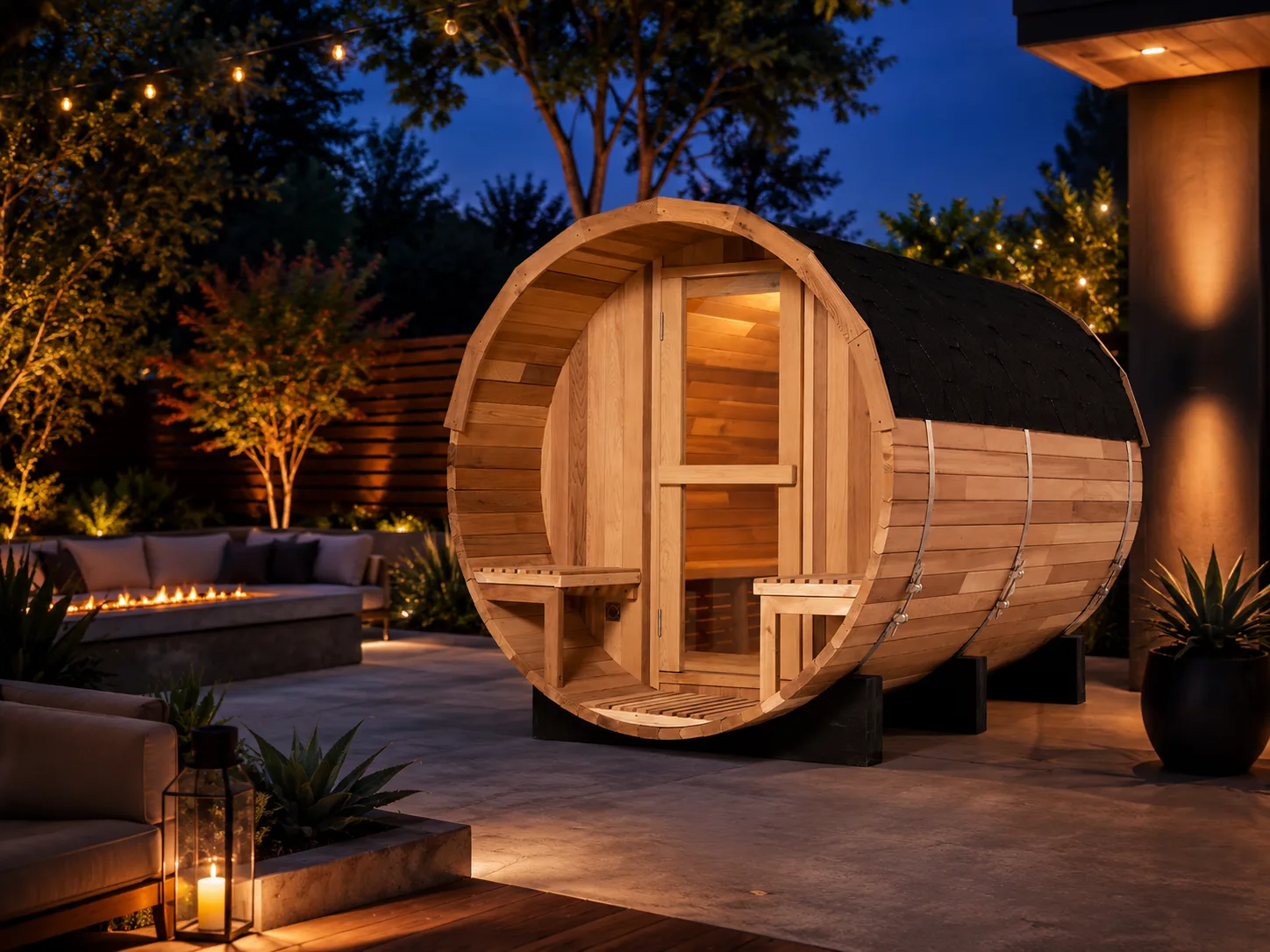 Barrel Sauna at night