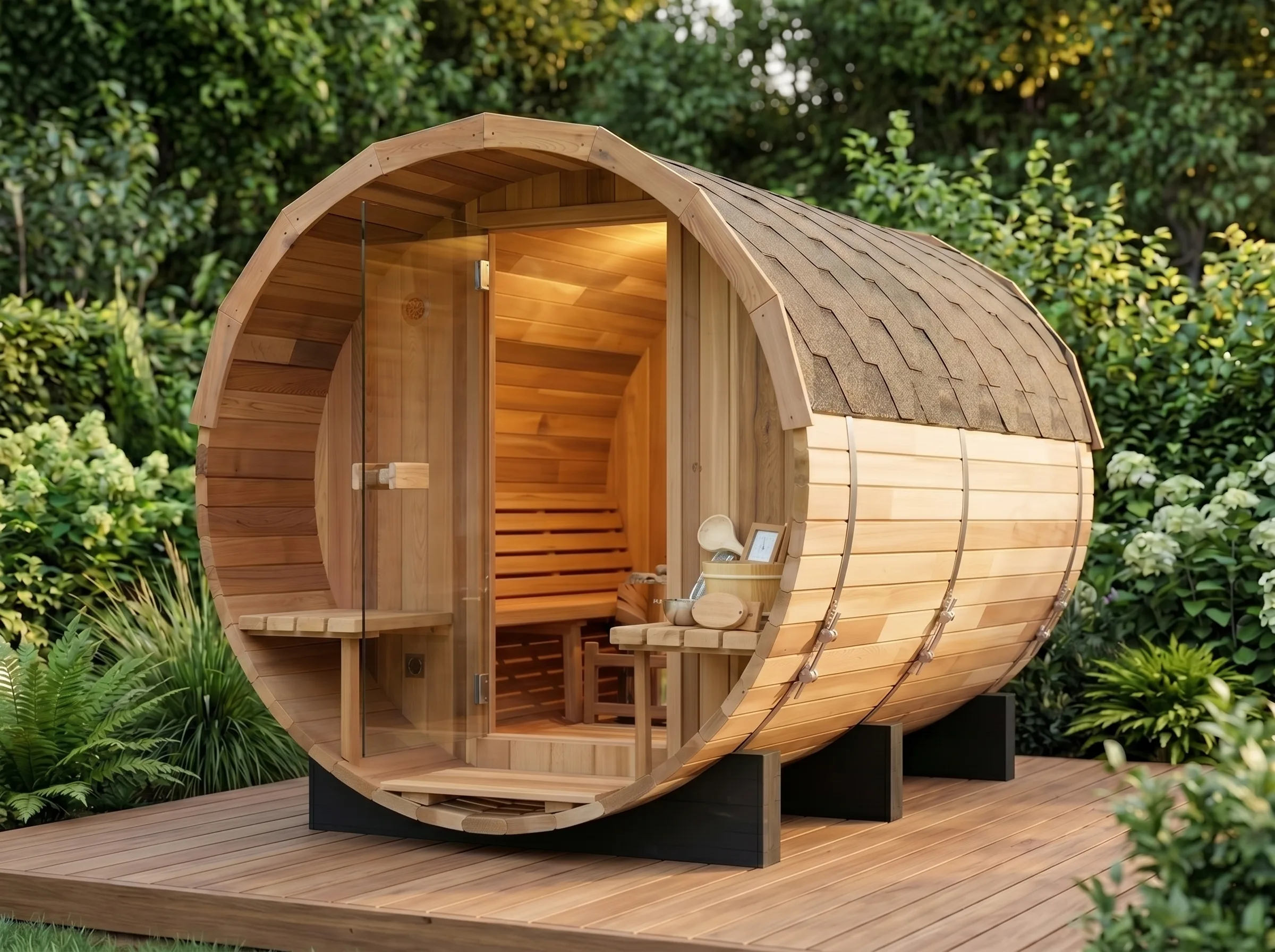 Outdoor barrel sauna NZ — cedar wood